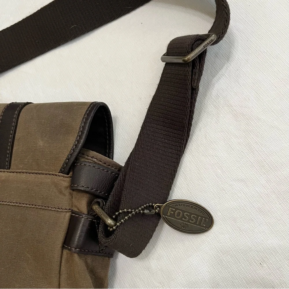 Fossil Olive Canvas Messenger with Dark Brown Leather Trim